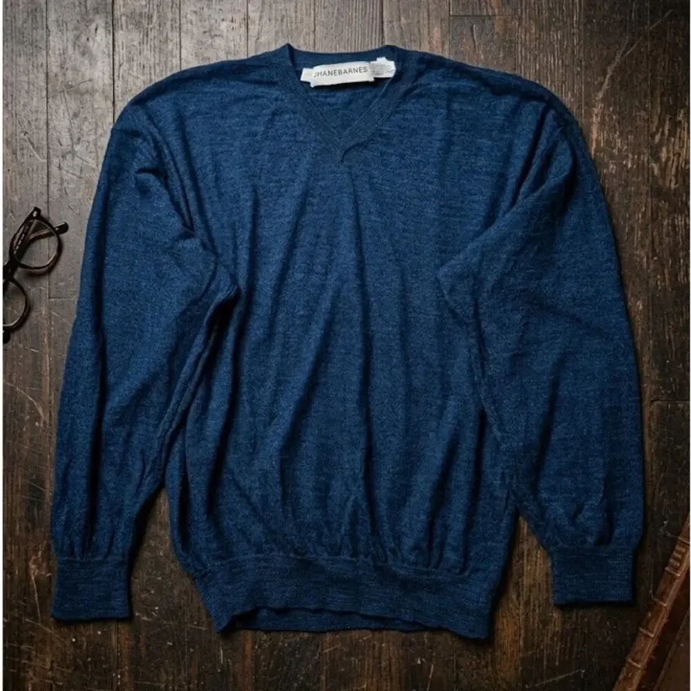 Vintage Jhane Barnes Mens XL V-Neck Sweater Navy Blue Heather 75% Wool Blend